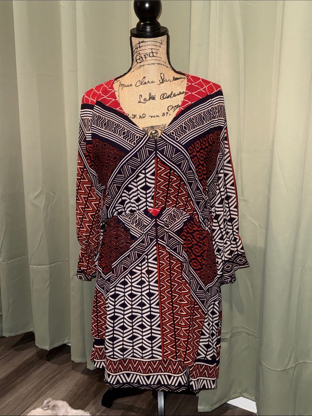 Gianni Bini Red, Black and White Geometric Long Sleeve Dress with Center Accent